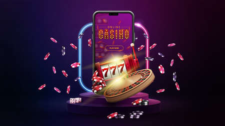Podium with smartphone, casino slot machine, Casino Roulette, poker chips and gradient neon square frame in dark empty scene.のイラスト素材