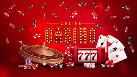 Online casino, red poster with symbol with gold lamp bulbs, slot machine, Casino Roulette, poker chips and playing cards.のイラスト素材