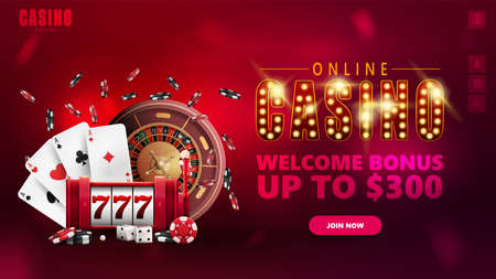 Online casino, banner for website with interface elements, symbol with gold lamp bulbs, slot machine, Casino Roulette, poker chips and playing cards.のイラスト素材
