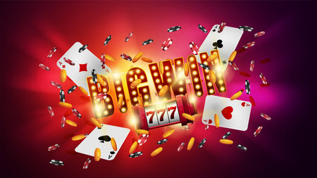 Shining sign Big win with slot machine, cards and falling golden coins and chips on a bright background.の写真素材