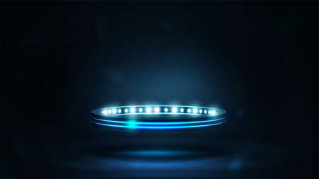 Digital ring with lights in dark room. Shine blue neon podium in shape of ringのイラスト素材