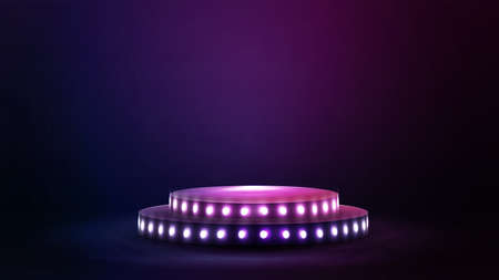 Empty podium with bulbs in empty purple scene