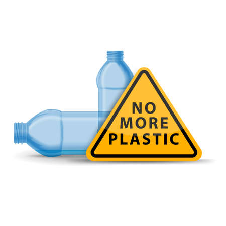 No more plastic, yellow triangular sign with empty plastic bottles isolated on white backgroundのイラスト素材