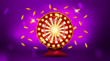Volumetric cartoon Casino Wheel Fortune with gold coins around on purple blurred backgroundのイラスト素材