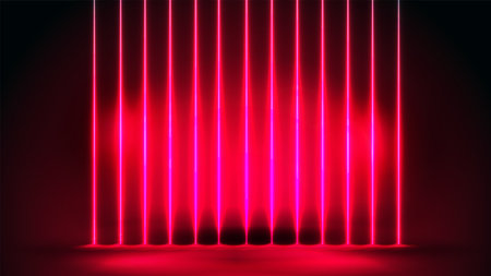 Red empty scene with wall of line vertical neon lamps on background.のイラスト素材
