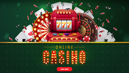 Online casino, green banner with button, slot machine, Casino Wheel Fortune, Roulette, falling poker chips and playing cards.のイラスト素材