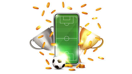 Sports betting concept with smartphone, champion cups, falling gold coins and football ball isolated on white backgroundのイラスト素材