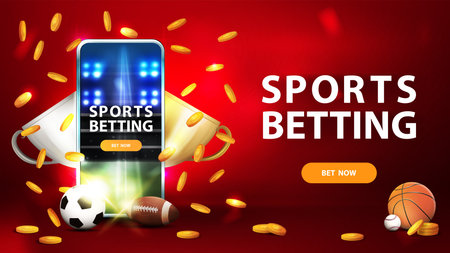 Sports betting, red banner with smartphone, champion cups, falling gold coins, sport balls and buttonのイラスト素材