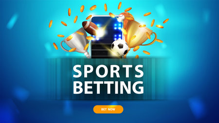 Sports betting, blue banner with button, smartphone, champion cups, falling gold coins and sport ballsのイラスト素材
