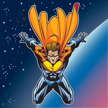 Generic superhero figure flying above a planet.