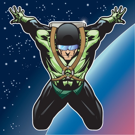 Super hero with rocket pack above a planet.のイラスト素材