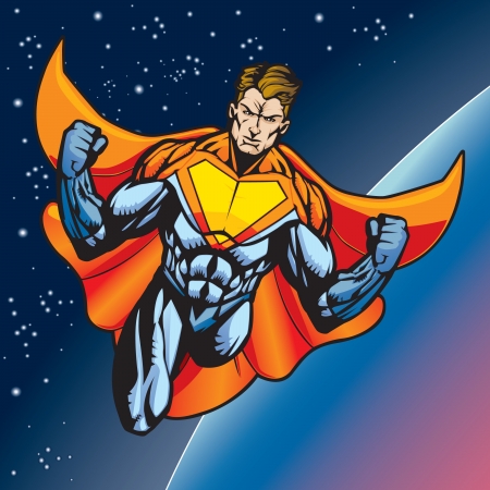 Generic superhero figure flying above a planet のイラスト素材