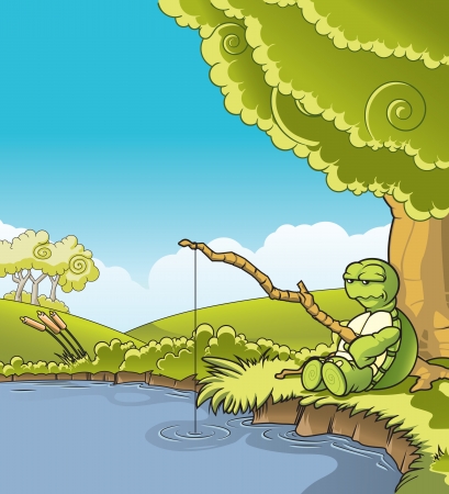 Turtle using a stick he found as a fishing pole のイラスト素材