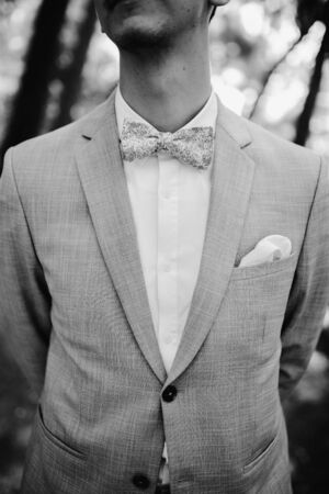 Groom wearing a bow tie at a weddingの写真素材