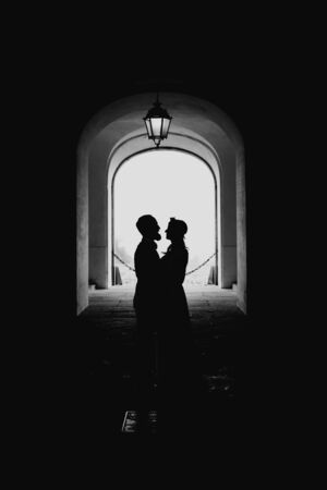 Bride and groom standing togetherの写真素材