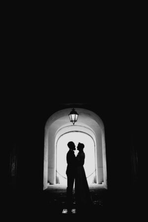 Bride and groom standing togetherの写真素材