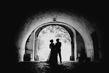 Silhouette of a bride and groom standing togetherの写真素材