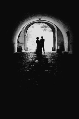 Silhouette of a bride and groom standing togetherの写真素材