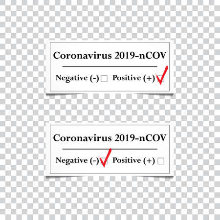 Coronavirus test result. Positive and negative reaction. The presence of coronavirus and its absence. Stop coronavirus. The danger of coronavirus and the risk to public health. EPS10のイラスト素材