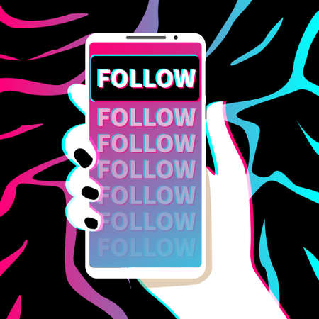 Hand holds phone. Popular social network on smartphone screen. Watch cool videos and follow. Social media addiction. Vector illustration in flat design. EPS10のイラスト素材