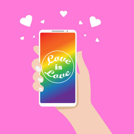 Hand holds a smartphone with LGBT symbols. Love is love. LGBT Pride. LGBT flag. Bisexual, Lesbian, Gay, Transgender. Human rights and tolerance. Card, poster and banner. Vector illustration.のイラスト素材