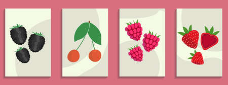 Pastel colors poster. Abstract still life. Hand drawn cherry, raspberry, blackberry, strawberry....