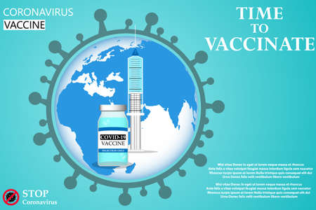 Coronavirus vaccination concept. Vaccine and syringe on planet earth map. Covid-19 coronavirus vaccine. Treatment for coronavirus covid-19. Vector illustration.のイラスト素材