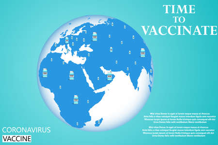 Coronavirus vaccination concept. Vaccine on planet earth map. Covid-19 coronavirus vaccine. Treatment for coronavirus covid-19. Vector illustration.のイラスト素材