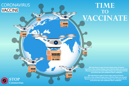 Coronavirus vaccination concept. Drones are spreading the vaccine all over the planet. Fast shipping. Covid-19 coronavirus vaccine. Treatment for coronavirus covid-19. Vector illustration.のイラスト素材