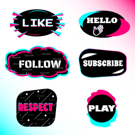 Set of stickers for a popular social network. Black - blue-pink sticker on white background. Modern advertising social media design. Vector illustrationのイラスト素材