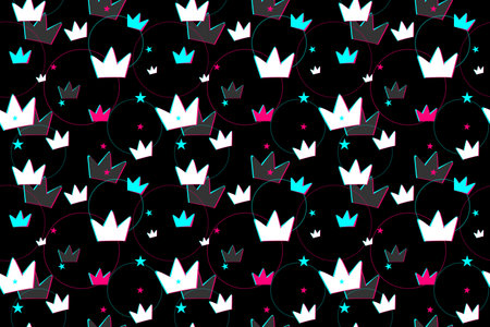 Seamless pattern. Colorful crown on a black background. Social media concept. Perfect design for posters, cards, textile, web pages. Vector illustration. EPS 10のイラスト素材