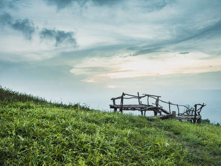 Wooden bridge on hill sideの写真素材