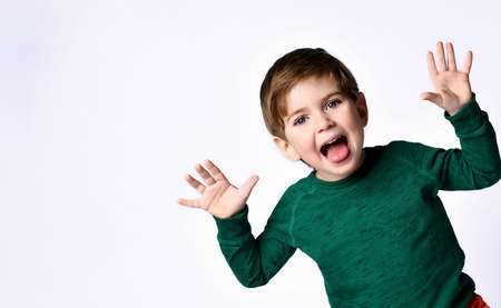 Cute brunette kid dressed in green jumper. He raised his hands up, opened mouth and looking overjoyed, posing isolated on white background. Childhood, fashion, advertising. Close up, copy spaceの写真素材