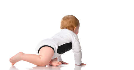 Adorable blonde baby in underwear crawling isolated on a white background. Child is dressed in a black and white bodysuit with his back to the camera and crawls back. Place for text.の写真素材