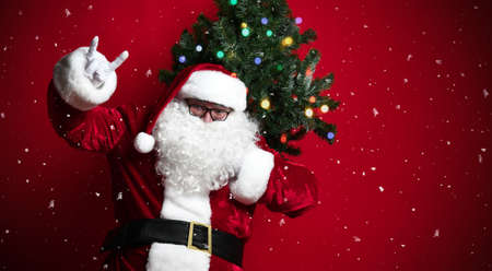 Happy fat belly Santa Claus carries a Christmas tree and shows fingers rock gesture on a red background. New year and merry christmas and happy holidays conceptの写真素材