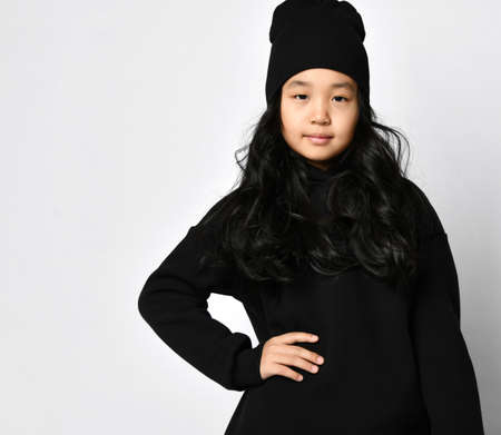 happy pretty funny hipster asian girl having fun aloneの写真素材