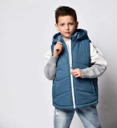 Boy in casual outwear clothes advertisement studio shotの写真素材