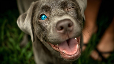 Close up of a weimaraner puppy with blue eyes.の素材