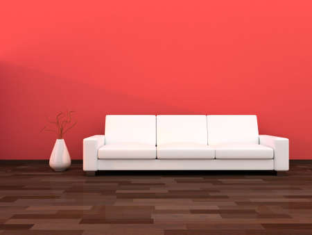 Interior of the modern room,light red wall and white sofaの写真素材