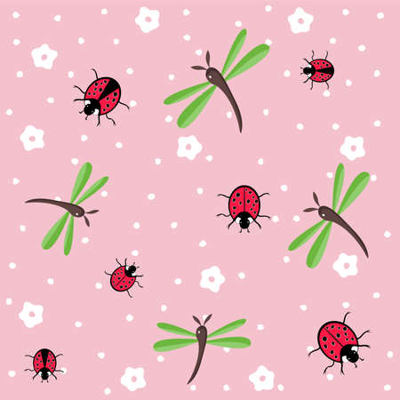 dragonflies and ladybugs seamless floral patternのイラスト素材