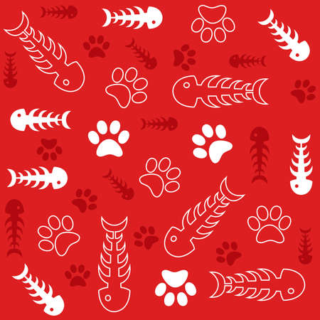 Seamless background with fish bones and cat's paws on redのイラスト素材