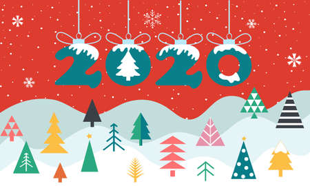 Cartoon happy new year, 2020 greeting card. Winter christmas holiday backgroundのイラスト素材