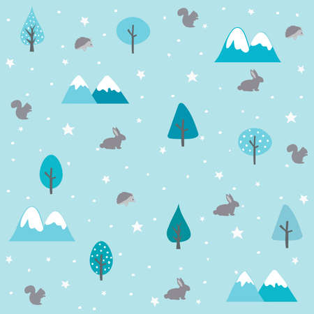 Vintage forest seamless pattern with floral, rabbit, squirrel and hedgehog. Winter cold pattern.のイラスト素材