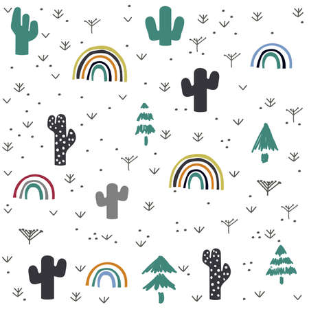 Hand drawn cactus and rainbow patternのイラスト素材