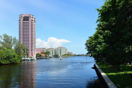 luxury waterfront development of homes, docks, condominiums and hotels in boca raton, floridaの写真素材