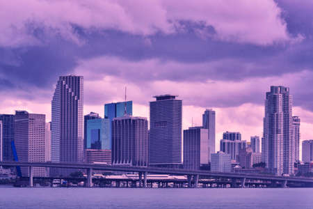 Downtown Miami under raining and storm at sunset の写真素材