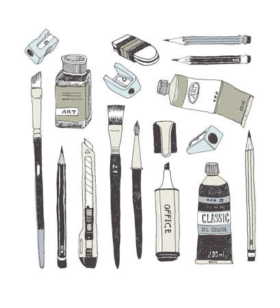 Hand drawn art tools and supplies set. Vector doodle illustration. Brush, Paintbrush, Paint tube, Sharpener, Pen, Pencil, Knife, Ink bottle, Cutter, Eraser, Rubber, Highlighter.のイラスト素材