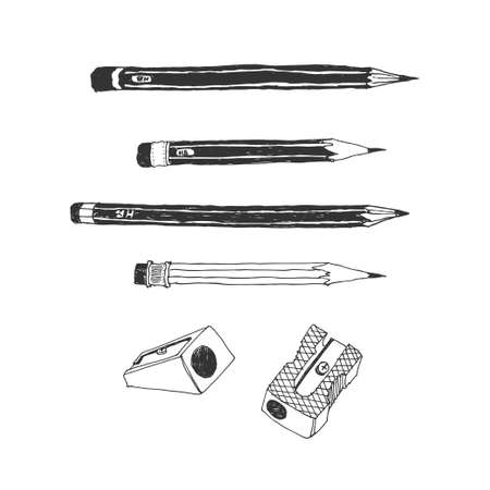Hand drawn stationery set. Vector doodle illustration. Set of school accessories and supplies. Tools composition. Pencil, Pen, Marker, Brush, Stylus, Highlighter, Cutter.のイラスト素材