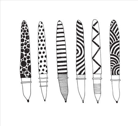 Set of hand drawn pens isolated on white background. Vector doodle illustration. Collection of school and office accessories and tools. Pens.のイラスト素材