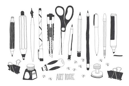 Hand drawn stationery and art supplies. Set of school accessories and tools.のイラスト素材